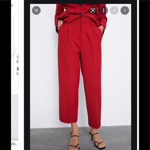 Zara red straight leg darted cropped trousers pants